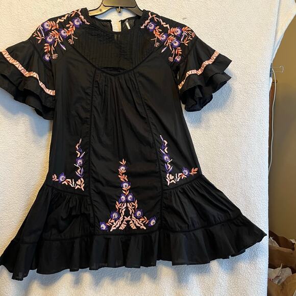 Free People Dresses & Skirts - FREE PEOPLE black dress with purple and peach embroidery size XS 100% cotton